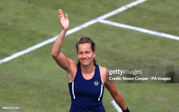 Czech Republic's Barbora Strycova celebrates her win over Spain's Garbine Muguruza during day four of the Nature Valley Classic at Edgbaston Priory,...