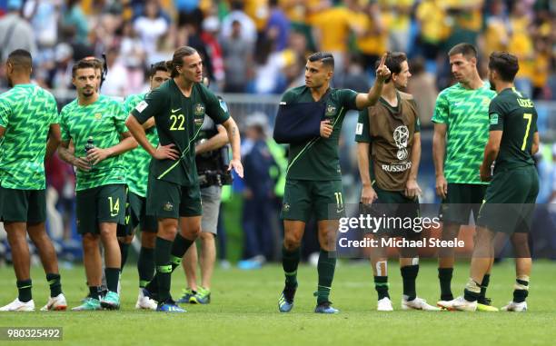 Jackson Irvine of Australia speaks with Andrew Nabbout of Australia after the 2018 FIFA World Cup Russia group C match between Denmark and Australia...