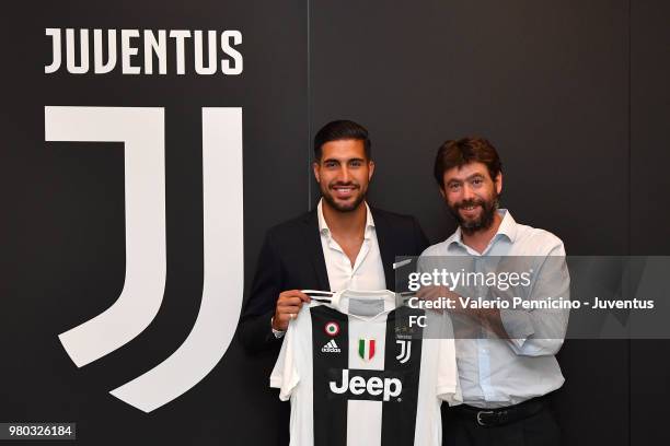 Emre Can and Andrea Agnelli are seen after signing a contract with Juventus at Juventus headquarters on June 21, 2018 in Turin, Italy.