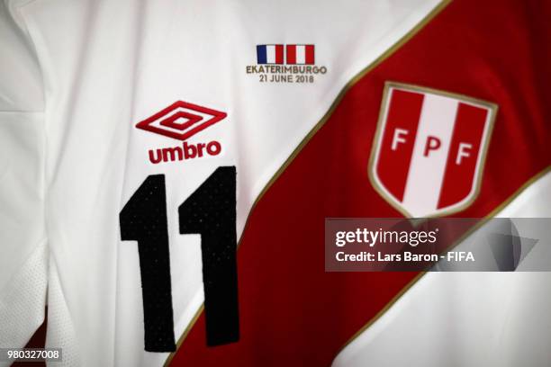 Raul Ruidiaz shirt hangs in the Peru dressing room prior to the 2018 FIFA World Cup Russia group C match between France and Peru at Ekaterinburg...