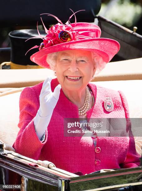 Queen Elizabeth II arrives by carriage as she attends Royal Ascot Day 3 at Ascot Racecourse on June 21, 2018 in Ascot, United Kingdom.