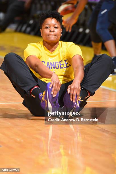 Alana Beard of the Los Angeles Spark warms up before the game against the Indiana Fever on June 19, 2018 at STAPLES Center in Los Angeles,...