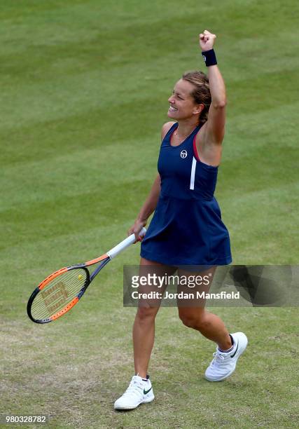 Barbora Strycova of the Czech Republic celebrates victory during her Round of 16 match against Garbine Muguruza of Spain during Day Six of the Nature...