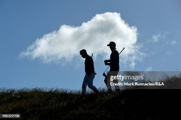 Tom Slowman of Taunton & Pickeridge , with Jeff Wright of Forres walk together from the 3rd tee during the fourth day of The Amateur Championship at...