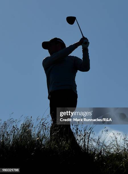 Jeff Wright of Forres plays his tee shot at the 4th hole during the fourth day of The Amateur Championship at Royal Aberdeen on June 21, 2018 in...