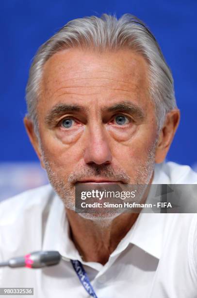 Bert van Marwijk, Head coach of Australia attends the post match press conference the 2018 FIFA World Cup Russia group C match between Denmark and...