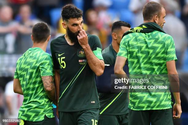 Australia's midfielder Mile Jedinak reacts after the final whistle during the Russia 2018 World Cup Group C football match between Denmark and...