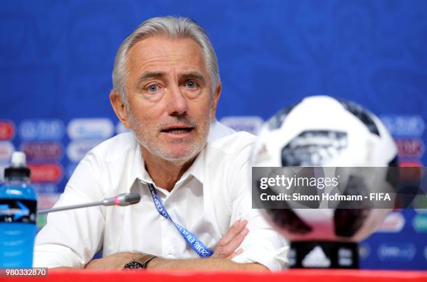 Bert van Marwijk, Head coach of Australia attends the post match press conference the 2018 FIFA World Cup Russia group C match between Denmark and...