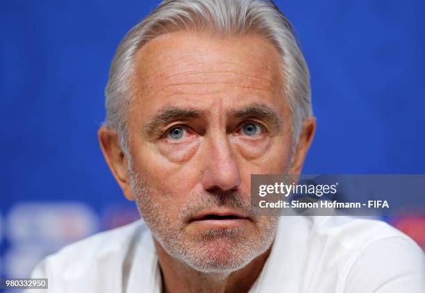 Bert van Marwijk, Head coach of Australia attends the post match press conference the 2018 FIFA World Cup Russia group C match between Denmark and...