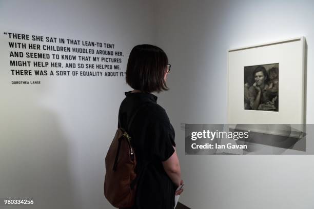 General view of the show space at the Dorothea Lange: 'Politics Of Seeing' installation view at Barbican Art Gallery on June 21, 2018 in London,...