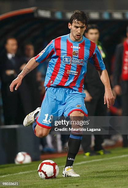 Blazej Augustyn of Catania Calcio is shown in action during the Serie A match between Catania Calcio and ACF Fiorentina at Stadio Angelo Massimino on...