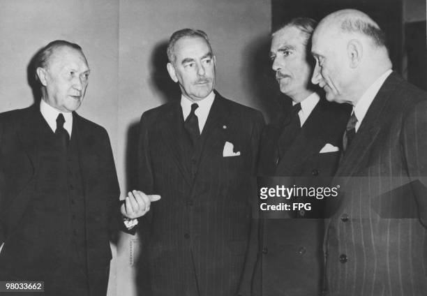 West German Chancellor Konrad Adenauer , US Secretary of State Dean Acheson , British Foreign Secretary Anthony Eden 1897 - 1977) and French Foreign...