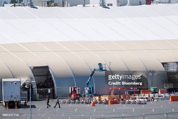 Newly constructed production tent stands at the Tesla Inc. Manufacturing facility in Fremont, California, U.S., on Wednesday, June 20, 2018. Tesla...