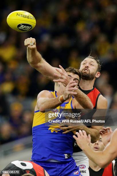 Cale Hooker of the Bombers spoils during the round 14 AFL match between the West Coast Eagles and the Essendon Bombers at Optus Stadium on June 21,...