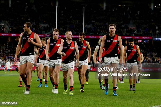 The Bombers leave the field at the main break during the round 14 AFL match between the West Coast Eagles and the Essendon Bombers at Optus Stadium...