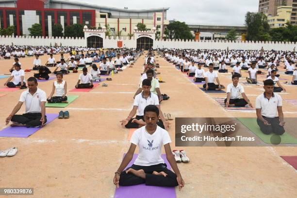 More than 8000 National Cadet Corps cadets perform yoga on the occasion of the 4th International Yoga Day at the Field Marshal Manekshaw Parade...