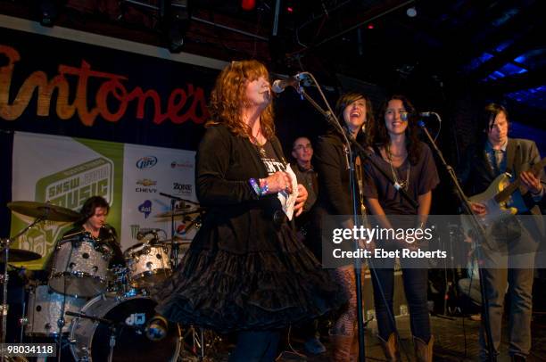 Jody Stephens of Big Star on drums with Susan Coswill and the Watson Twins, Andy Hummel in rear and Ken Stringfellow of the Posies performing at...