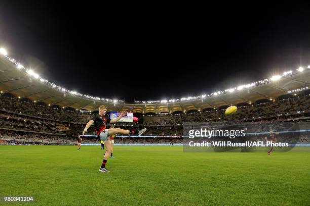 Michael Hurley of the Bombers practices kicking before the round 14 AFL match between the West Coast Eagles and the Essendon Bombers at Optus Stadium...