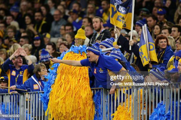 The West Coast cheer squad during the round 14 AFL match between the West Coast Eagles and the Essendon Bombers at Optus Stadium on June 21, 2018 in...