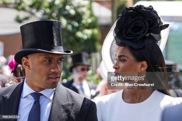 Quarterback for the Seattle Seahawks, Russell Wilson arrives with Ciara on day 3 of Royal Ascot at Ascot Racecourse on June 21, 2018 in Ascot,...