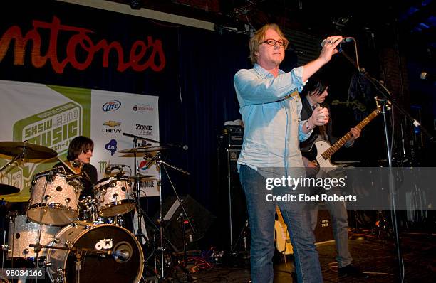 Jody Stephens of Big Star on drums with Mike Mills of R.E.M and Ken Stringfellow of the Posies performing at Antone's at the Alex Chilton/Big Star...