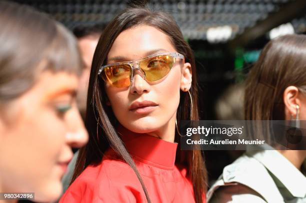 Bella Hadid seen backstage during the Heron Preston Menswear Spring/Summer 2019 "En Vogue" Presentation as part of Paris Fashion Week on June 21,...