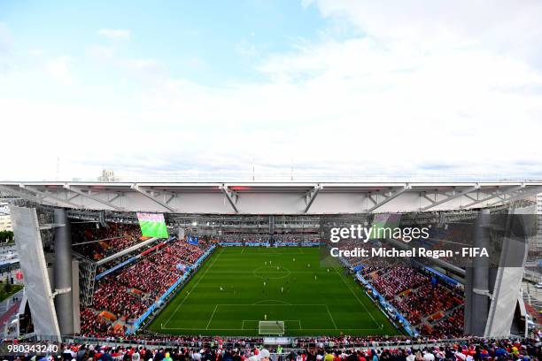 General view inside the stadium taken from the temporary stand during the 2018 FIFA World Cup Russia group C match between France and Peru at...