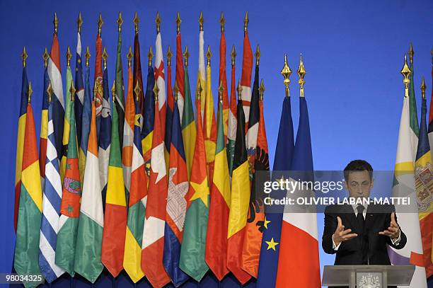 French President Nicolas Sarkozy delivers a speech at the Elysee Palace on March 20 as part of the Francophonie International Day organized by the...