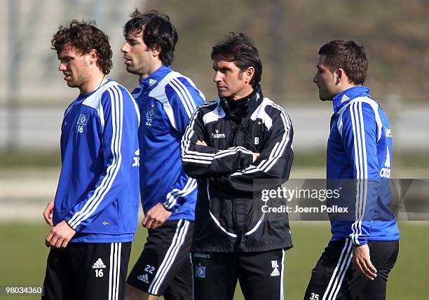 Marcus Berg, Ruud van Nistelrooy, head coach Bruno Labbadia and Tunay Torun of Hamburg are seen during the Hamburger SV training session at the HSH...