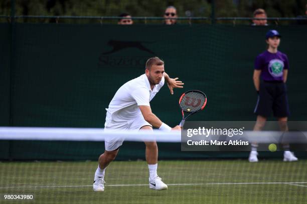 Dan Evans of Great Britain in action during Wimbledon 2018 Pre-Qualifying at Southlands College Tennis Courts on June 21, 2018 in London, England.