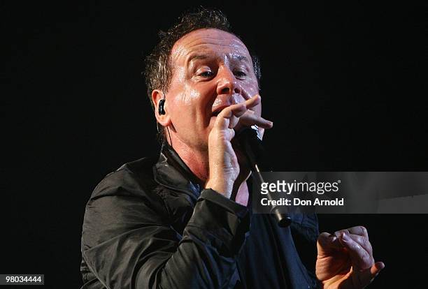 Jim Kerr of Simple Minds performs on stage during their concert at the Lyric Theatre, Star City on March 25, 2010 in Sydney, Australia.