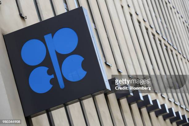 An OPEC sign hangs outside the OPEC Secretariat ahead of the the 174th Organization Of Petroleum Exporting Countries meeting in Vienna, Austria, on...