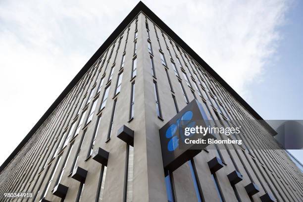 An OPEC sign hangs outside the OPEC Secretariat ahead of the the 174th Organization Of Petroleum Exporting Countries meeting in Vienna, Austria, on...