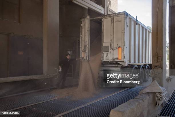 Truck unloads wheat grain at the Lecureur SA cereal plant in the Port of Rouen, in Val de la Haye, France, on Thursday, June 21, 2018. Europes wheat...