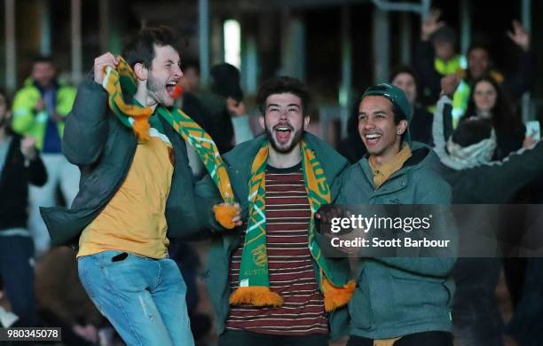 Australian fans react as Mile Jedinak of the Socceroos scores the first goal for Australia as they watch the FIFA World Cup match between the...