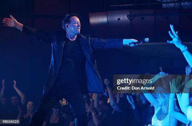 Jim Kerr of Simple Minds performs on stage during their concert at the Lyric Theatre, Star City on March 25, 2010 in Sydney, Australia.