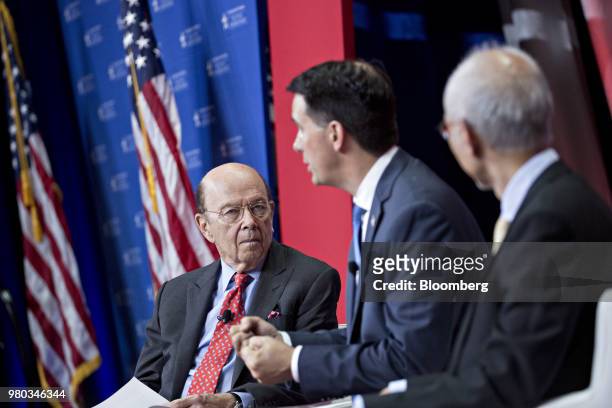 Wilbur Ross, U.S. Commerce secretary, left, and Louis Woo, special assistant to the chairman and chief executive officer of Foxconn Technology Group,...