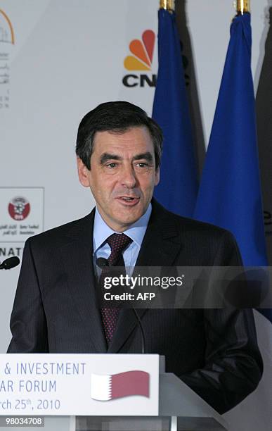 French Prime Minister Francois Fillon gives a speech on March 25, 2010 in Paris, during the 5th Finance and investment in Qatar Forum. State-owned...