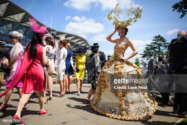 Larisa Katz wears an elaborate outfit during Royal Ascot Day 3 at Ascot Racecourse on June 21, 2018 in Ascot, United Kingdom. Royal Ascot is...