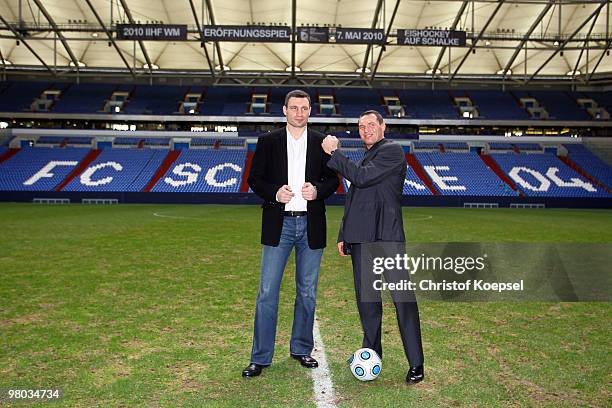 Vitali Klitschko of Ukraine poses with Albert Sosnowski of Poland before the press conference at Veltins Arena on March 25, 2010 in Gelsenkirchen,...