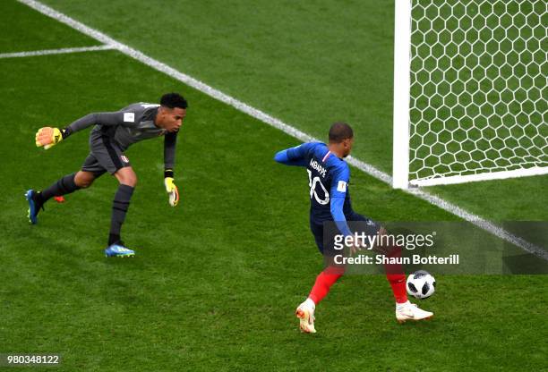 Kylian Mbappe of France scores his team's first goal past Pedro Gallese of Peru during the 2018 FIFA World Cup Russia group C match between France...