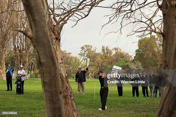 Nick Doughety of England plays fom under the tress on the 18th hole during the first round of the Open de Andalucia 2010 at Parador de Malaga Golf on...