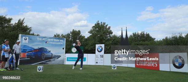 Sebastien Gros of France tees off on the 18th hole during day one of the BMW International Open at Golf Club Gut Larchenhof on June 21, 2018 in...