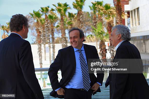 President Michel Platini chats with Costakis Koutsokoumnis of Cyprus and FIFA Secretary-General Jerome Valcke during the XXXIV Ordinary UEFA Congress...