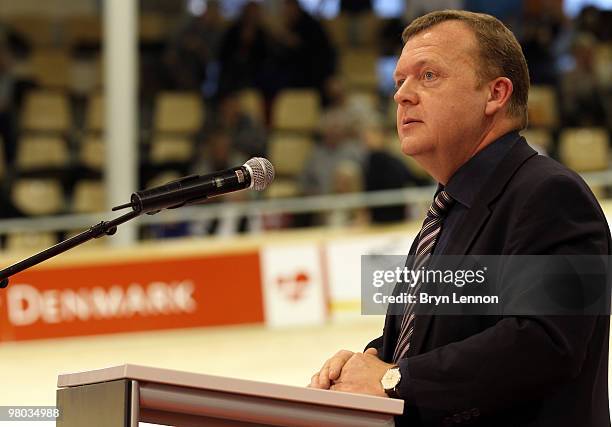 Danish Prime Minister Lars Lokke Rasmussen addresses the crowds on during Day One of the UCI Track Cycling World Championships at the Ballerup Super...