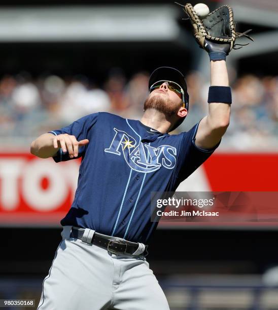 Cron of the Tampa Bay Rays in action against the New York Yankees at Yankee Stadium on June 16, 2018 in the Bronx borough of New York City. The...