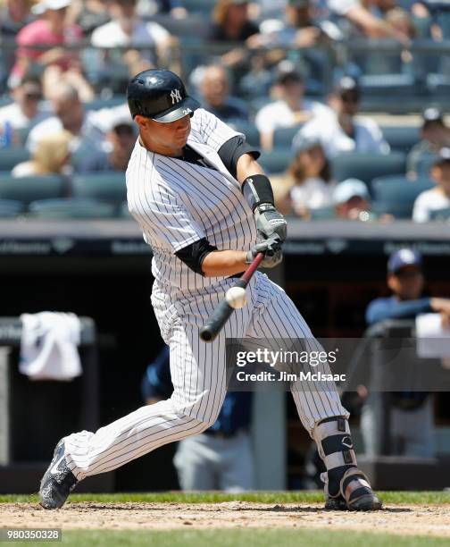 Gary Sanchez of the New York Yankees in action against the Tampa Bay Rays at Yankee Stadium on June 16, 2018 in the Bronx borough of New York City....