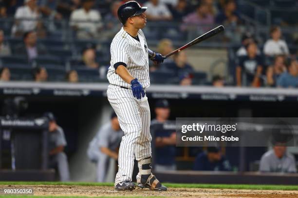 Gary Sanchez of the New York Yankees connects on a 2-run home run in the bottom of the eighth inning against the Seattle Mariners at Yankee Stadium...