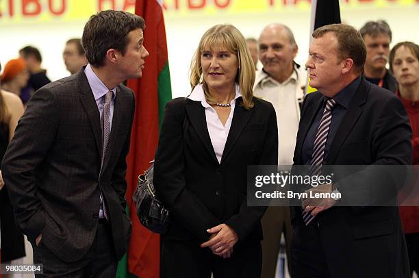 Danish Prime Minister Lars Lokke Rasmussen chats to Crown Prince Frederik on during Day One of the UCI Track Cycling World Championships at the...