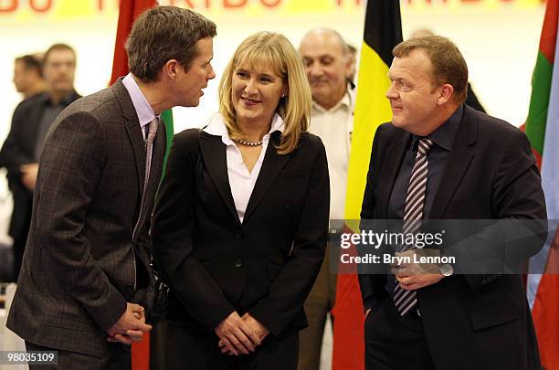 Danish Prime Minister Lars Lokke Rasmussen chats to Crown Prince Frederik on during Day One of the UCI Track Cycling World Championships at the...